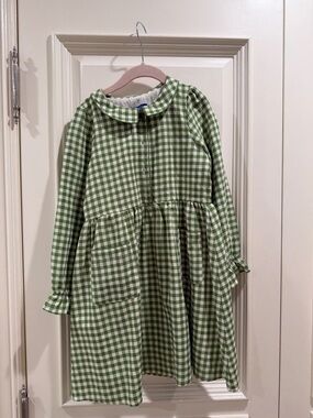 Girls' Green Gingham Long-Sleeve Dress
